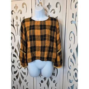 Style Envy Plaid Cropped Blouse Mustard Black Bell Sleeve Boho Medium